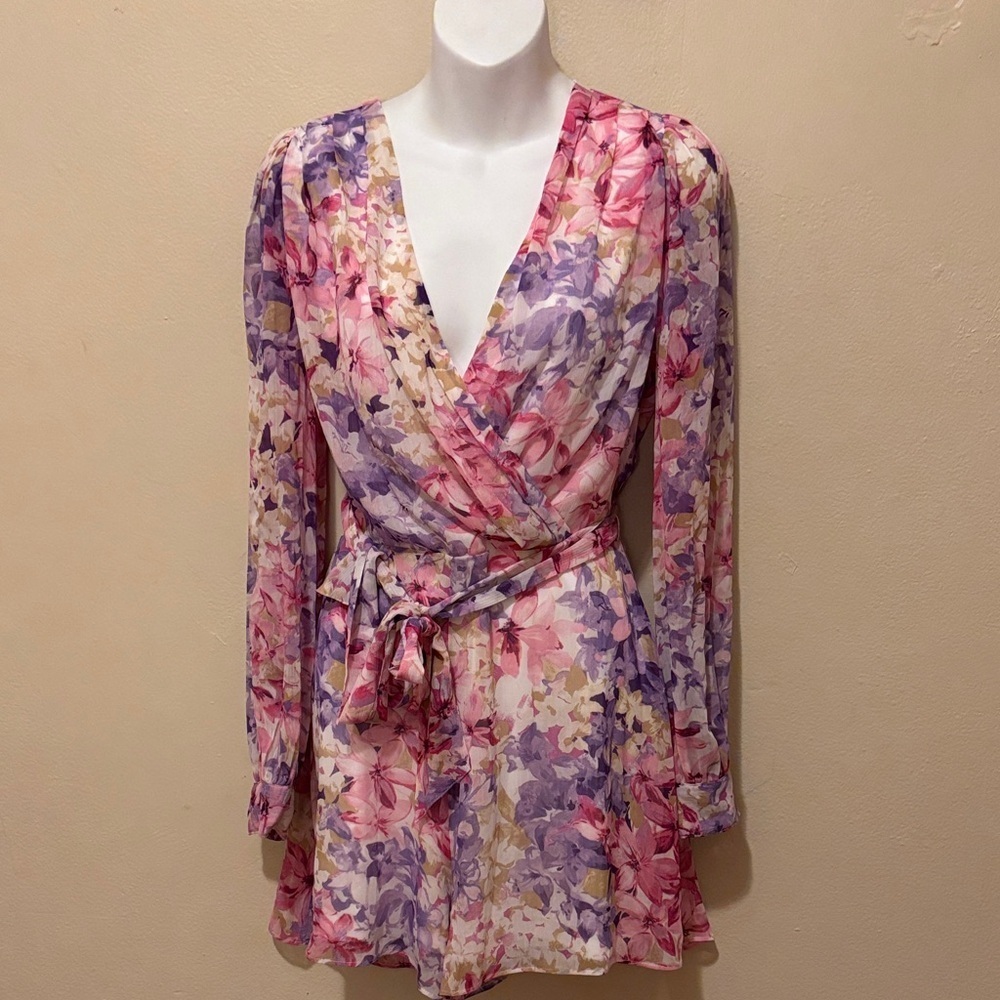 Express Floral Wrap Jumpsuit - Pink and Purple